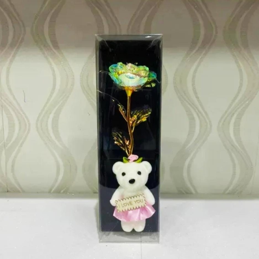 Urso de Pelúcia com Rosa Dourada em Caixa Presente